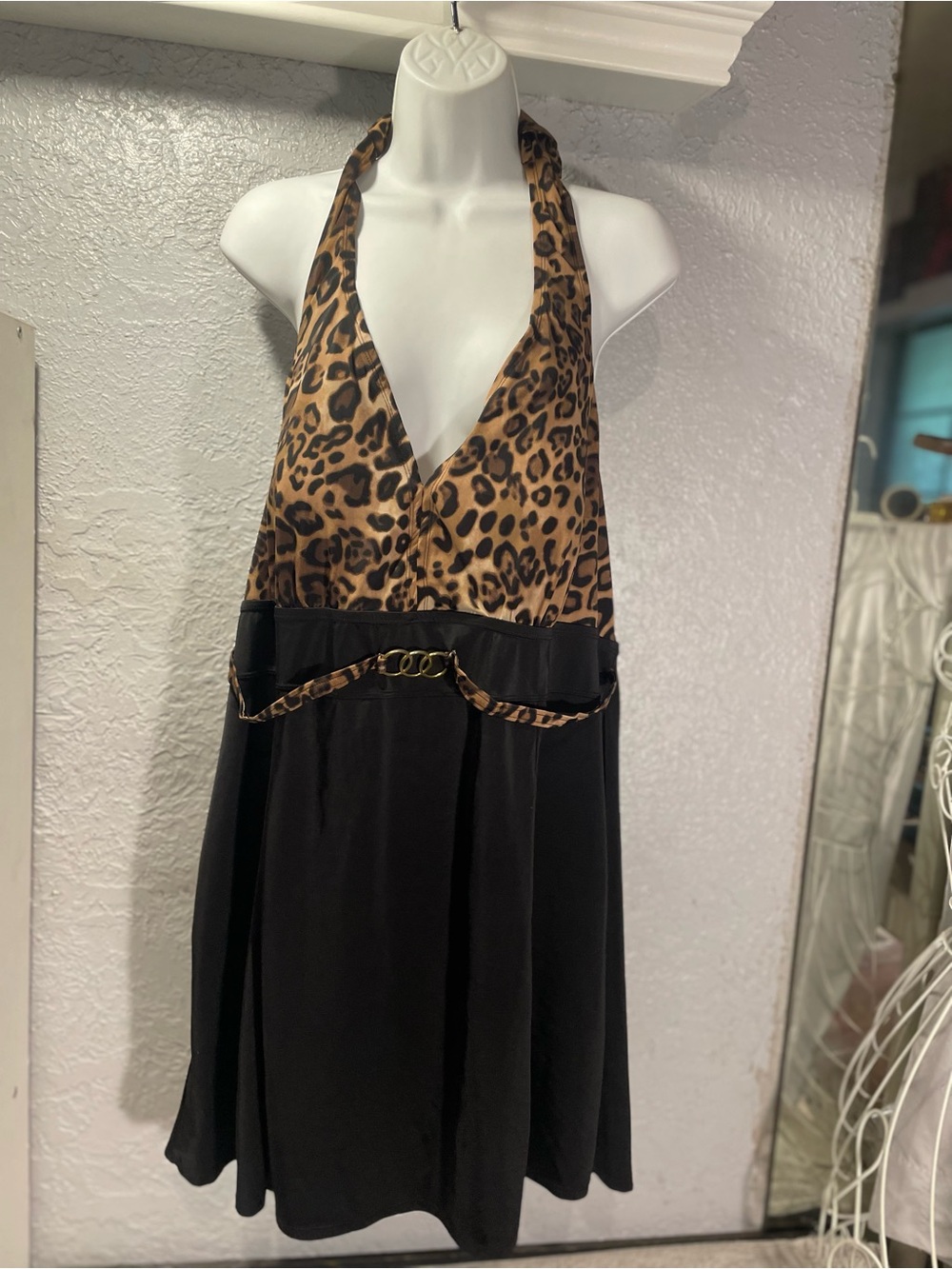 Leopard Halter swimsuit Dress with Black Skirt